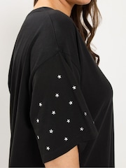Yours Curve Black Star Studded Sleeve Oversized T-Shirt - Image 4 of 6