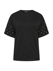 Yours Curve Black Star Studded Sleeve Oversized T-Shirt - Image 5 of 6