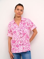 Cream Pink Bellis 100% Linen Collared Short Sleeve Shirt - Image 1 of 7