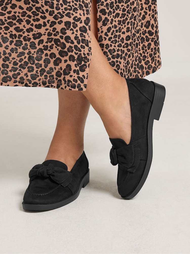 Yours Curve Black Wide Fit Microfibre Bow Loafers - Image 1 of 5