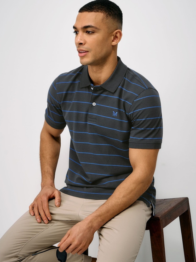 Crew Clothing Blue Waffle Stripe Cotton Polo Shirt - Image 1 of 5 Crew Clothing Blue Waffle Stripe Cotton Polo Shirt - Image 1 of 5