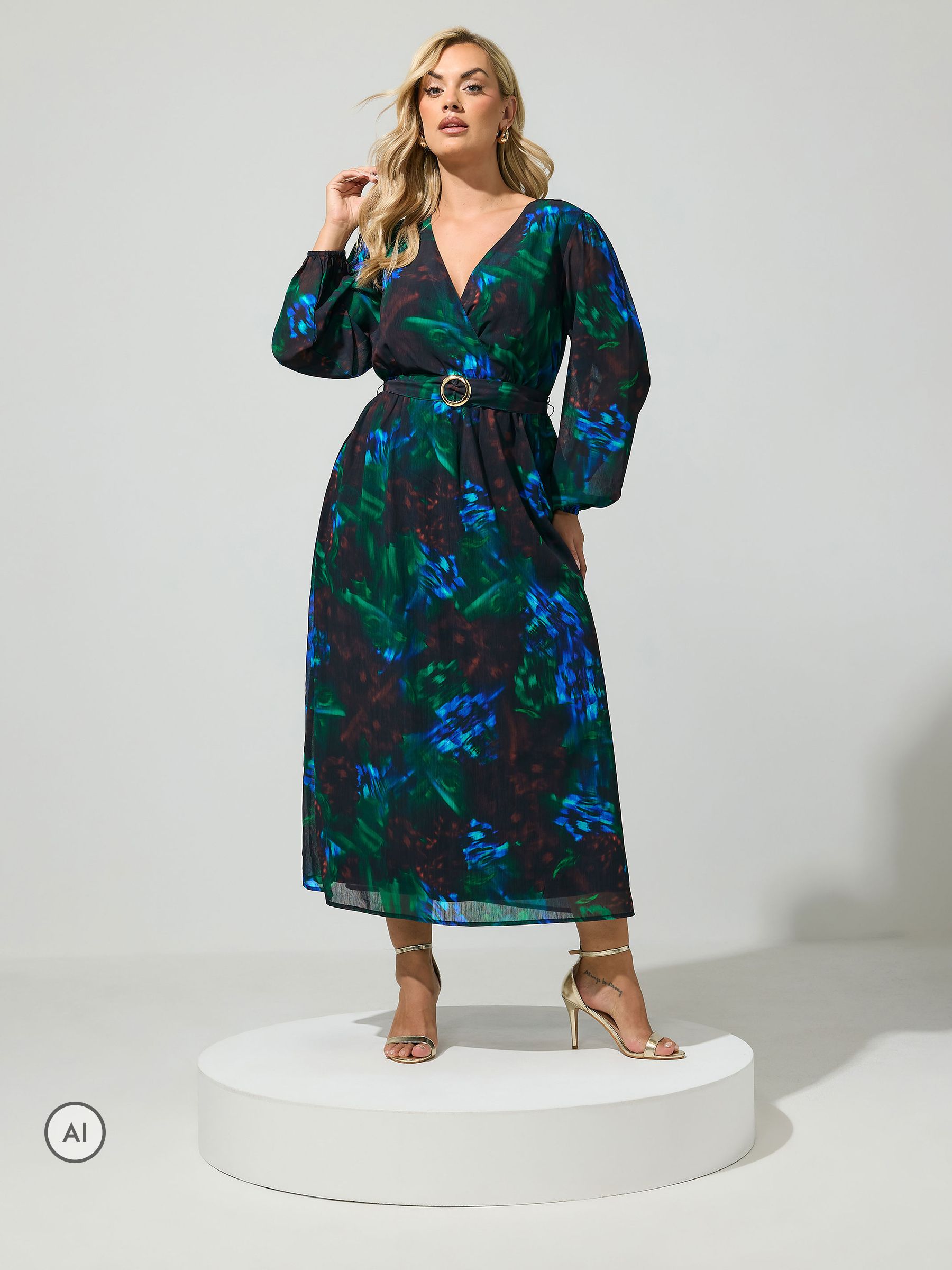 Yours Curve Women's Black Abstract Buckle Wrap Dress