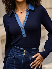 Sosandar Blue Knit Top With Denim Contrast Trim - Image 5 of 5