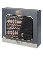 Totes Brown Fair Isle Knit Scarf & Beanie Hat Set - Image 2 of 5