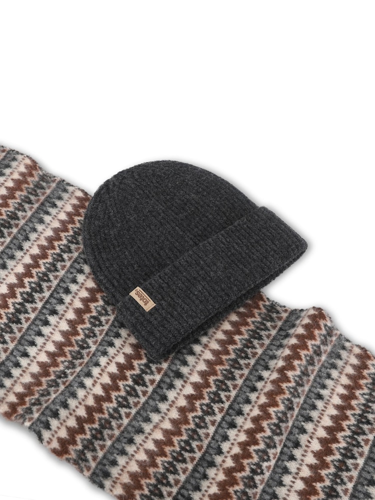 Totes Brown Fair Isle Knit Scarf & Beanie Hat Set - Image 5 of 5