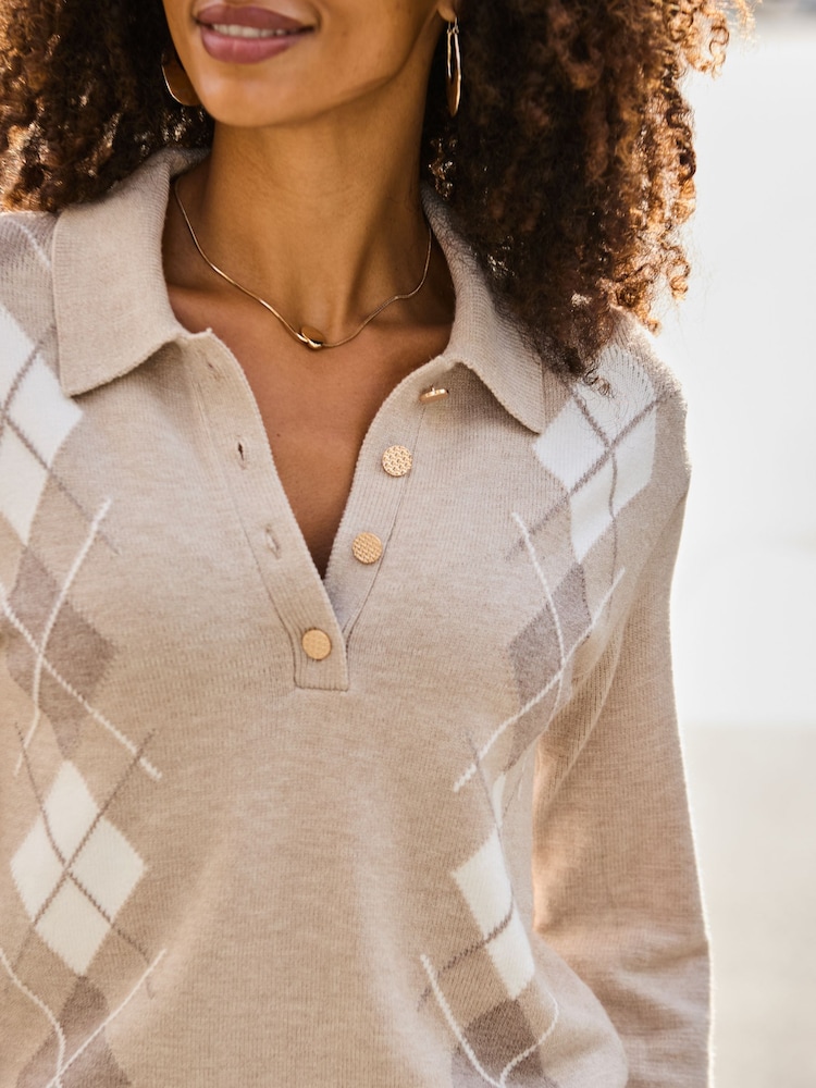 Sosandar Natural Argyle Button Front Collared Jumper - Image 5 of 5