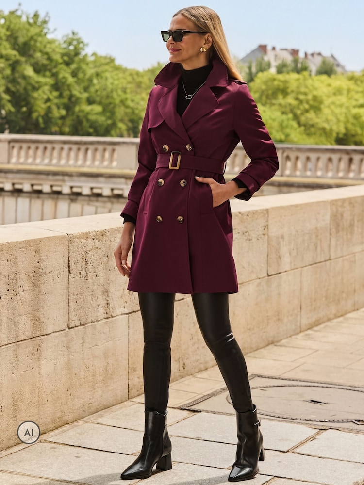 Sosandar Red Double Breasted Trench Coat With Pockets - Image 5 of 5