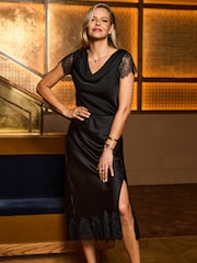 Sosandar Black Lace Sleeve Detail Satin Cowl Neck Top - Image 1 of 5