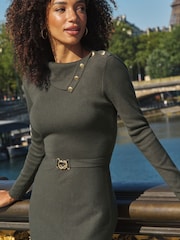 Sosandar Green Asymmetrical Neck Fit & Flare Knitted Dress - Image 3 of 4