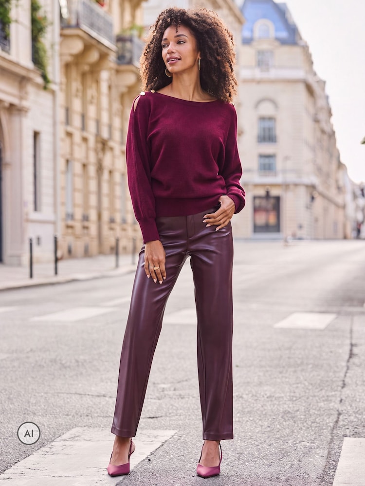 Sosandar Red Faux Leather Straight Leg Trousers - Image 5 of 5 Sosandar Red Faux Leather Straight Leg Trousers - Image 5 of 5
