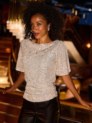Sosandar Gold Sequin Angel Sleeve Top - Image 2 of 5