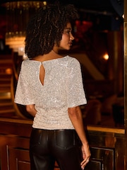 Sosandar Gold Sequin Angel Sleeve Top - Image 3 of 5