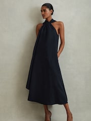 Reiss Navy Cosette Linen Blend Drape Midi Dress - Image 1 of 6