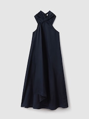 Reiss Navy Cosette Linen Blend Drape Midi Dress - Image 2 of 6