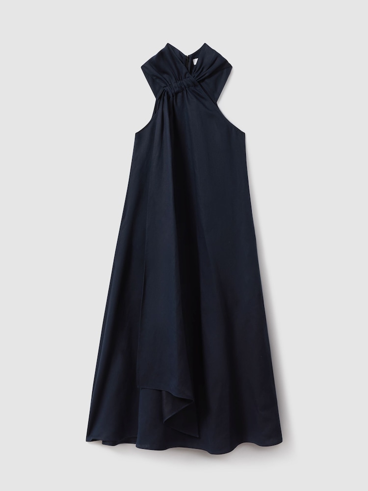 Reiss Navy Cosette Linen Blend Drape Midi Dress - Image 2 of 6