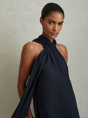 Reiss Navy Cosette Linen Blend Drape Midi Dress - Image 3 of 6