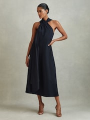 Reiss Navy Cosette Linen Blend Drape Midi Dress - Image 4 of 6