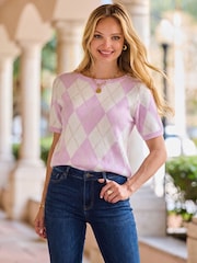 Sosandar Pink Argyle Knit Top - Image 1 of 5
