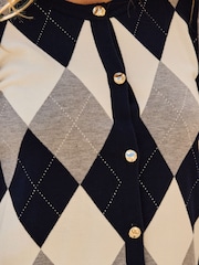 Sosandar Blue Argyle Gold Button Detail Cardigan - Image 4 of 5