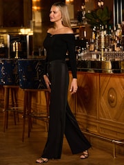 Sosandar Black Satin Side Stripe Drawstring Wide Leg Trousers - Image 1 of 5