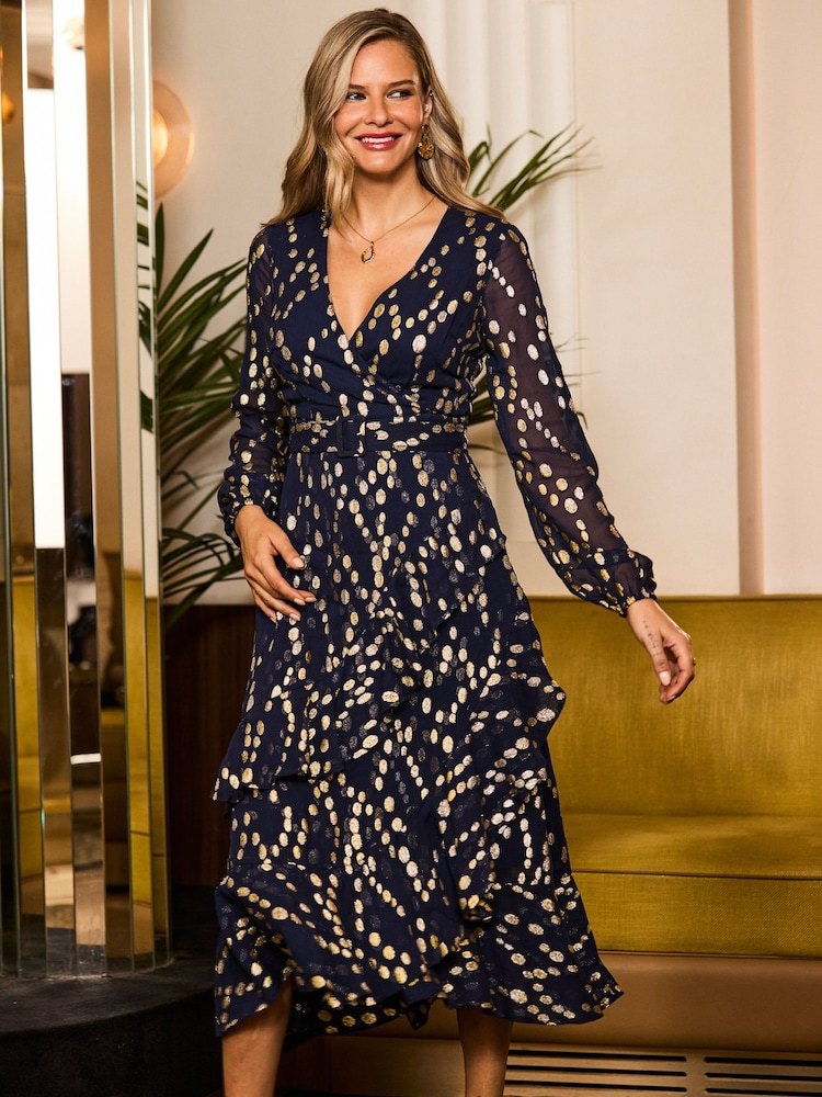 Sosandar Blue Petite Metallic Spot Print Ruffle Hem Belted Fit & Flare Dress - Image 5 of 5