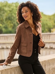 Sosandar Natural Faux Suede Button Front Jacket - Image 1 of 5