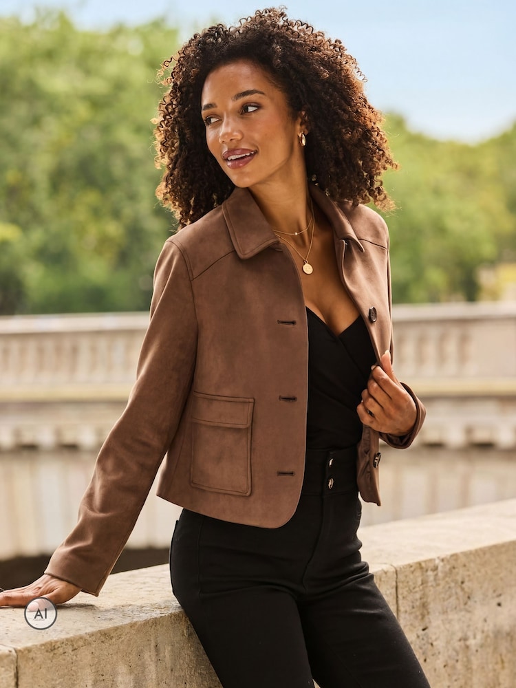 Sosandar Natural Faux Suede Button Front Jacket - Image 1 of 5 Sosandar Natural Faux Suede Button Front Jacket - Image 1 of 5