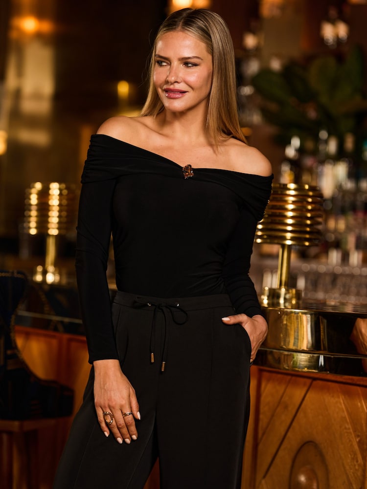 Sosandar Black Bardot Ruched Front Top With Gold Detail - Image 1 of 5 Sosandar Black Bardot Ruched Front Top With Gold Detail - Image 1 of 5
