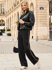 Sosandar Black Wide Leg Trousers With Camel Side Stripe - Image 1 of 5