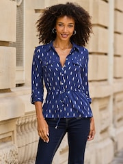 Sosandar Blue Metallic Fleck Print Tie Waist Shirt - Image 1 of 5