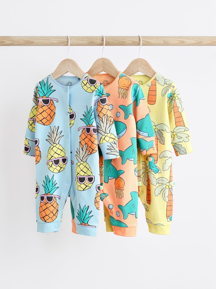 Blue/Orange Footless Baby Sleepsuit 3 Pack (0mths-3yrs) - Image 1 of 4