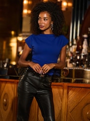 Sosandar Blue High Neck Structured Shoulder Top - Image 5 of 5