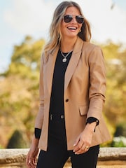 Sosandar Brown Premium Faux Leather Blazer - Image 2 of 5