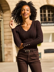 Sosandar Brown Cable Knit V-Neck Jumper - Image 1 of 5