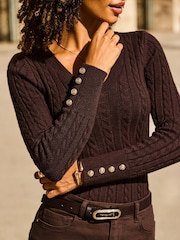 Sosandar Brown Cable Knit V-Neck Jumper - Image 4 of 5
