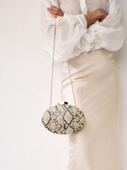 Neutral Snake Print Boxy Oval Snap Clutch Bag - Image 1 of 8