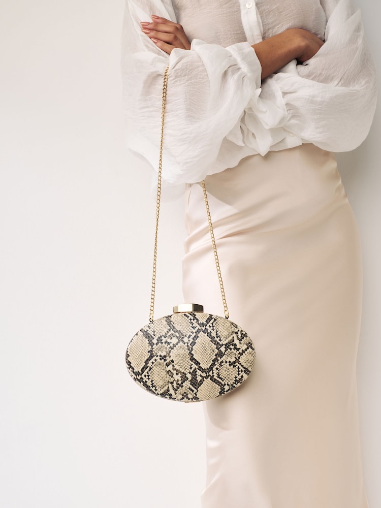 Neutral Snake Print Boxy Oval Snap Clutch Bag - Image 1 of 8
