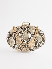 Neutral Snake Print Boxy Oval Snap Clutch Bag - Image 3 of 8