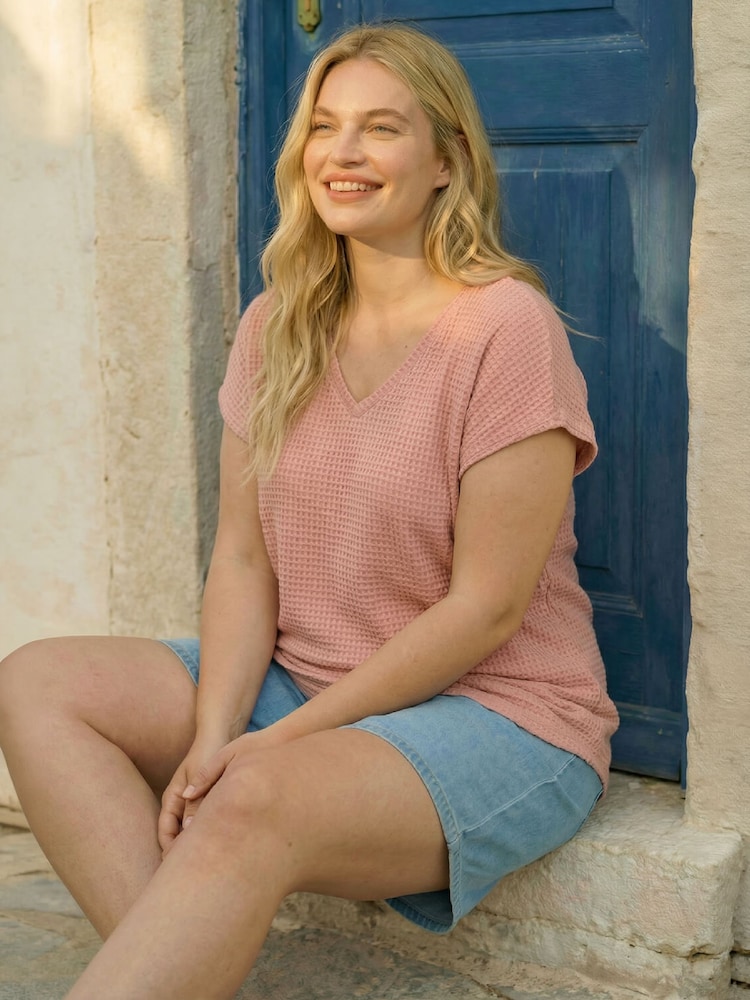 Roman Pink Curve Textured V-Neck Tunic Top - Image 1 of 4