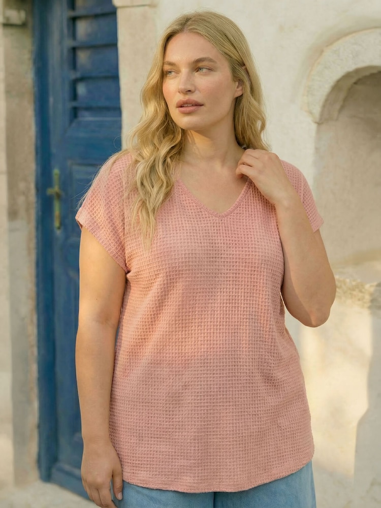 Roman Pink Curve Textured V-Neck Tunic Top - Image 4 of 4