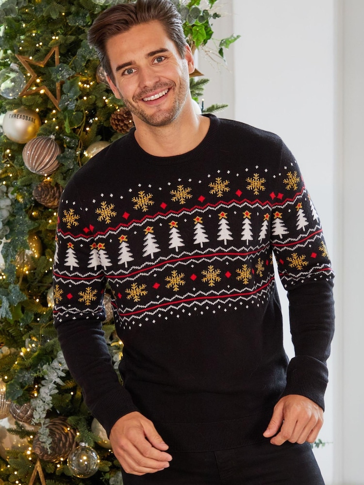 Threadbare Black Crew Neck Christmas Jumper - Image 1 of 6