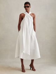Reiss White Cosette Linen Blend Drape Midi Dress - Image 1 of 5