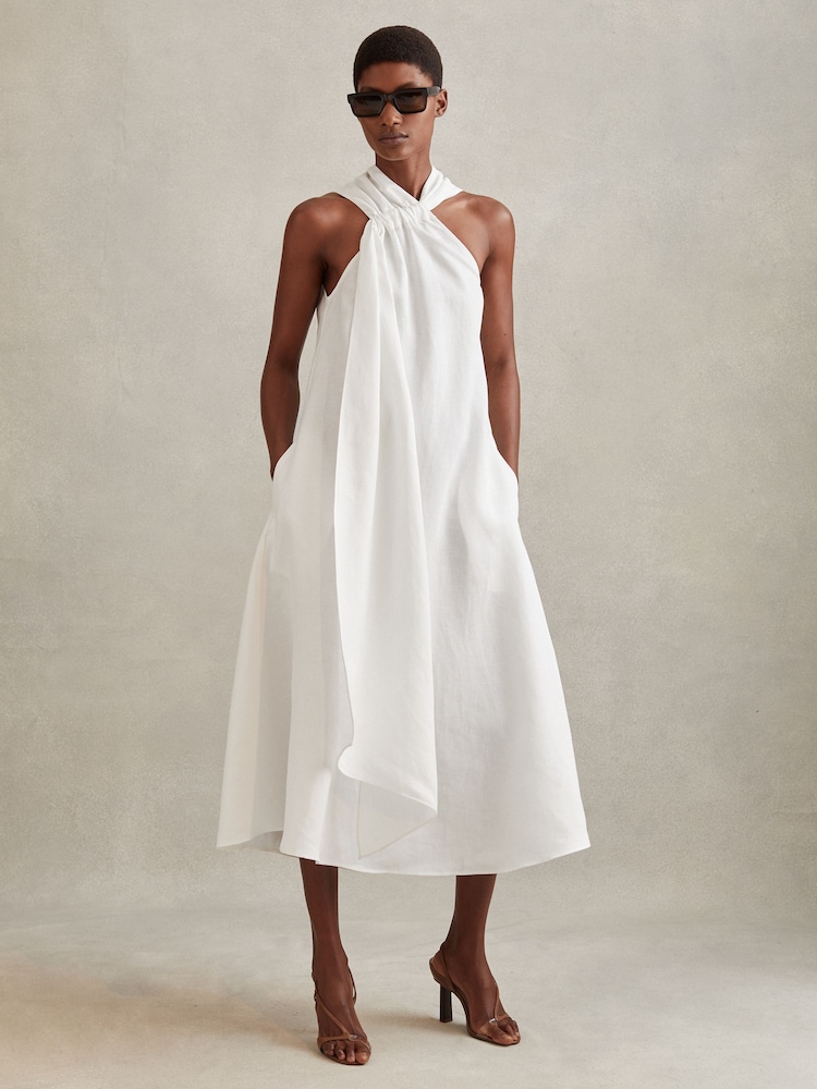 Reiss White Cosette Linen Blend Drape Midi Dress - Image 1 of 5