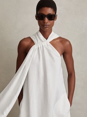Reiss White Cosette Linen Blend Drape Midi Dress - Image 3 of 5