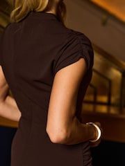 Sosandar Brown High Neck Ruched Midi Dress With Gold Detail - Image 4 of 5