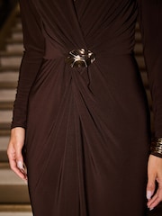 Sosandar Brown Tie Neck Twist Front Gold Detail Dress - Image 3 of 4