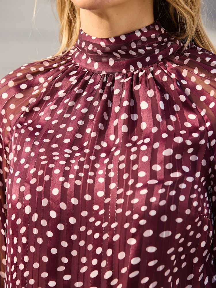 Sosandar Red Spot Print Satin Tie Neck Blouse - Image 5 of 5 Sosandar Red Spot Print Satin Tie Neck Blouse - Image 5 of 5