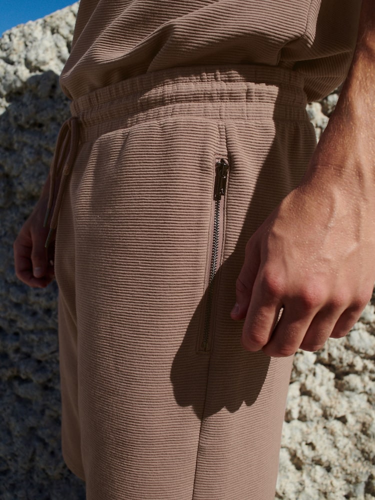 Brown Textured Zip Pocket Jersey Shorts - Image 4 of 4