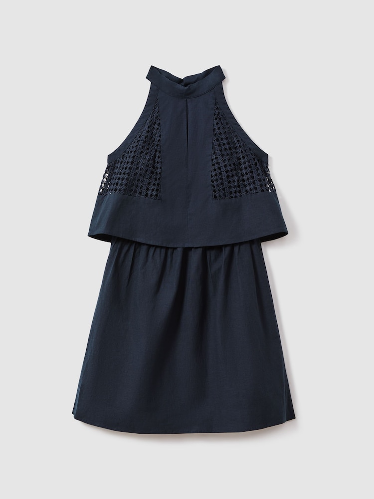 Reiss Navy Eden Broderie Halter Neck Mini Dress With Linen - Image 2 of 5