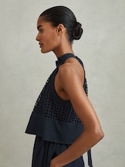 Reiss Navy Eden Broderie Halter Neck Mini Dress With Linen - Image 3 of 5